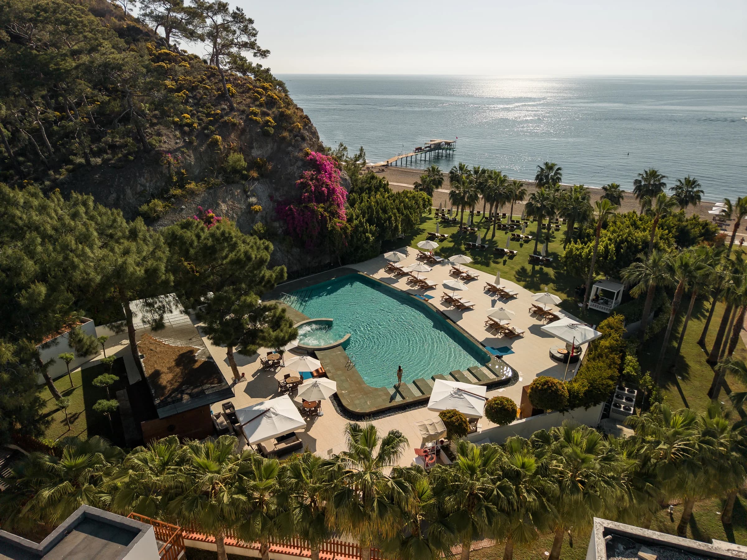Pool and beach at Club Med Palmiye overlooking the Mediterranean
